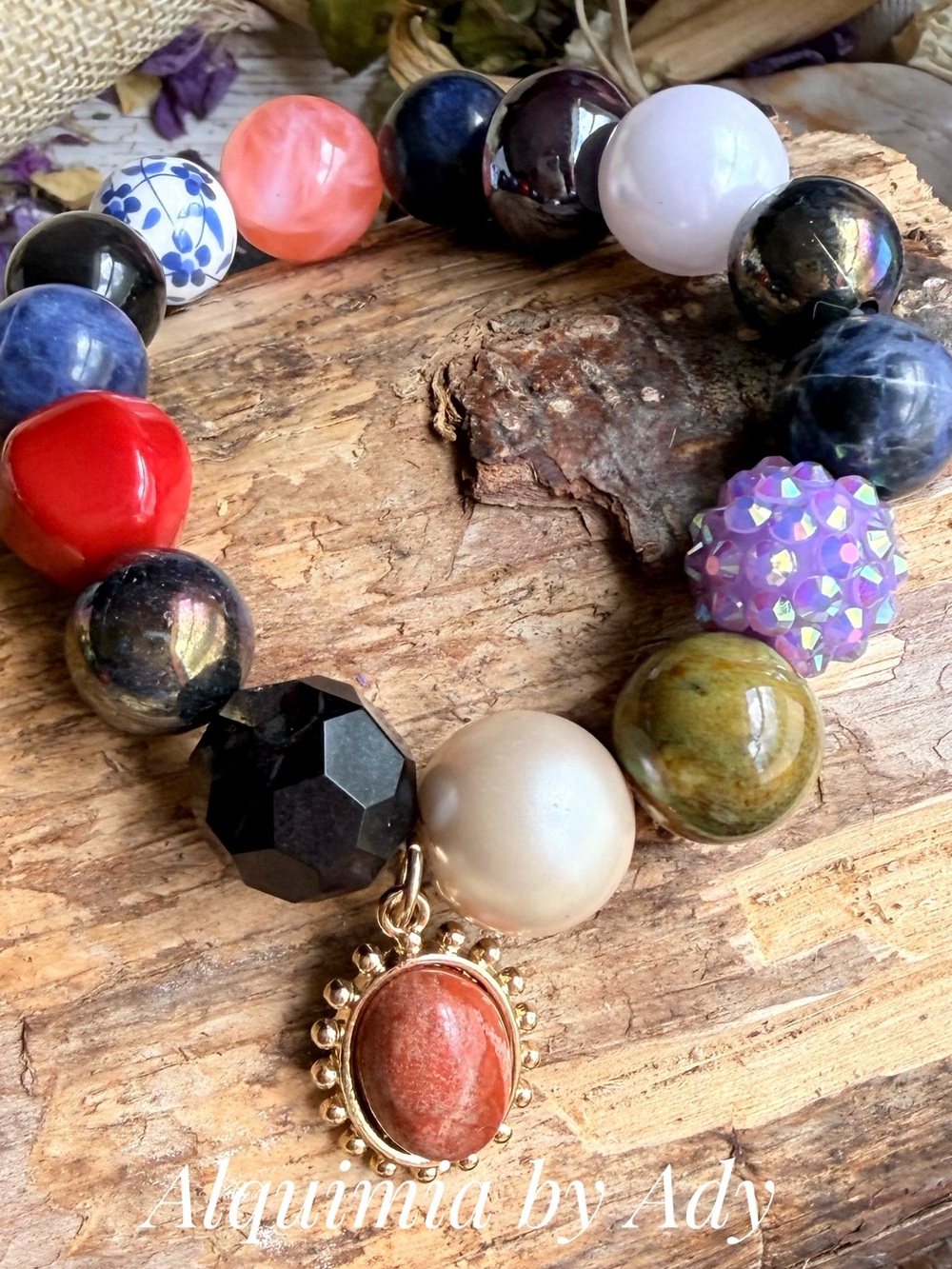 Chunky Multicolor Gemstone Bead Bracelet with Coral Charm